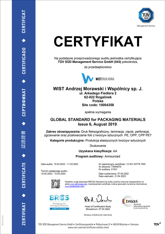 Certfikat BRC dla firmy Wist